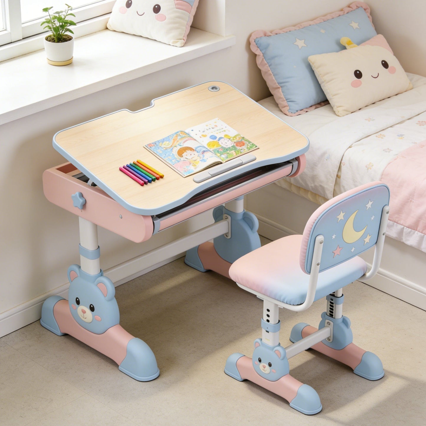 Adjustable Kids Study Desk and Chair Set - Bear Design Ergonomic School Table with Tilt Top for Girls (Pink & Blue)